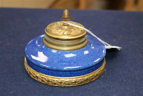 A Sevres Paul Milet period blue ground ormolu mounted ink well diameter 12cm